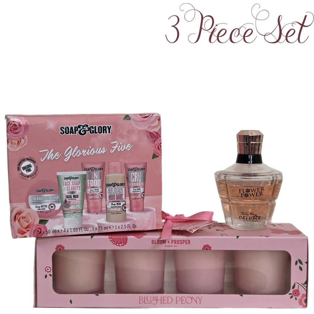 Soap & Glory + Bloom & Prosper + Shirley May Deluxe 3 Piece Pink Gift Bundle